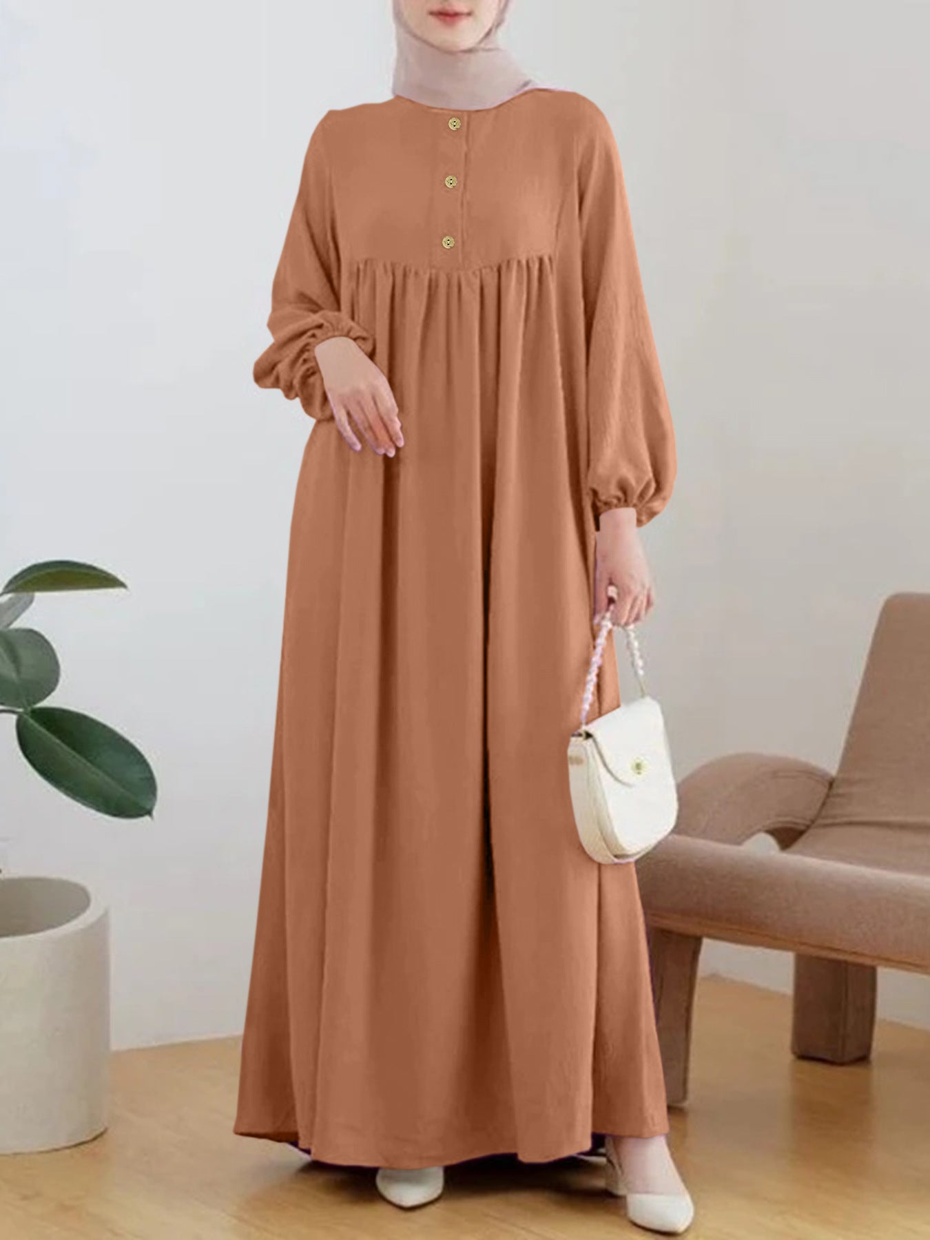 Puffed sleeve simple loose solid color dress