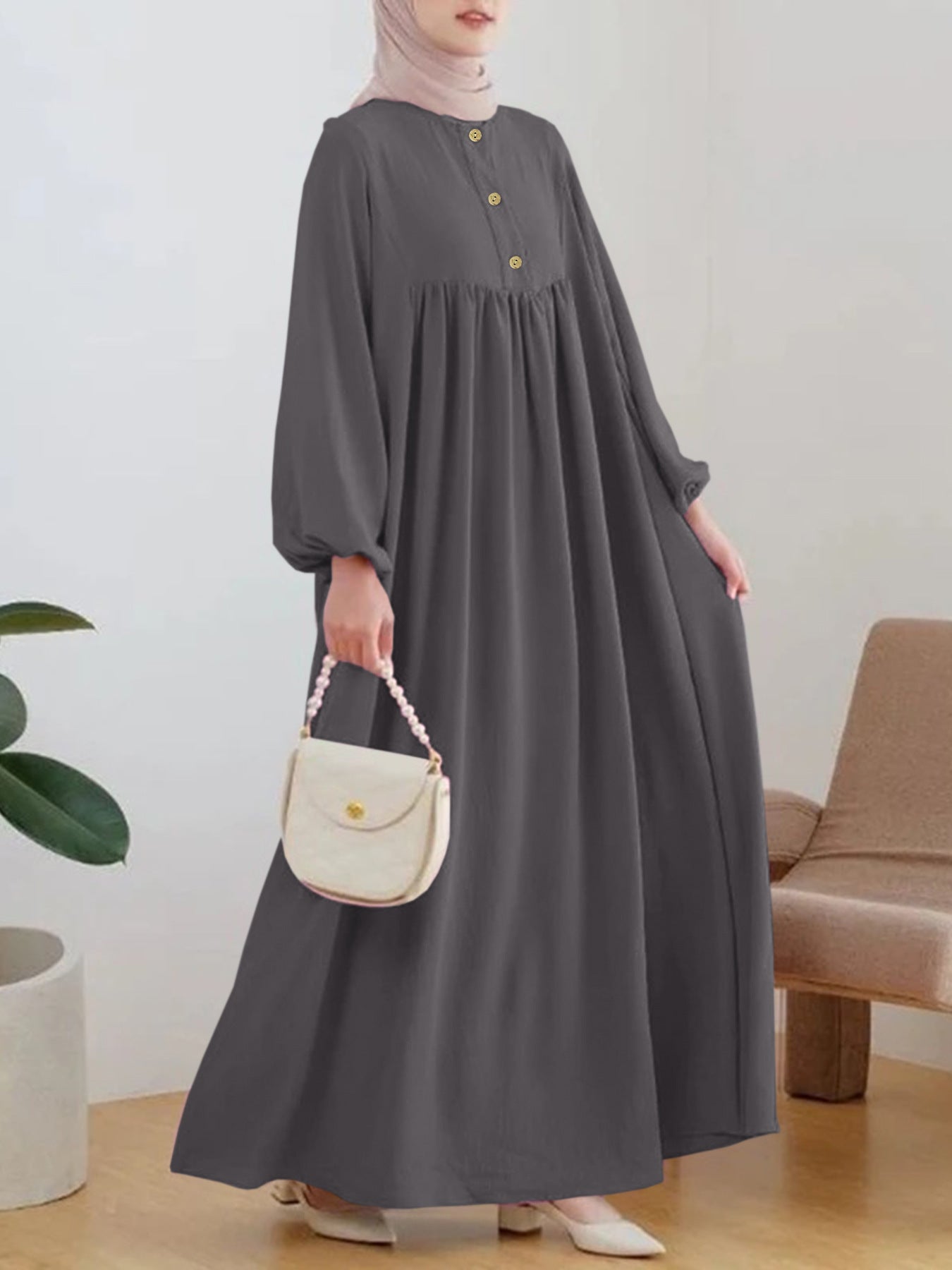 Puffed sleeve simple loose solid color dress