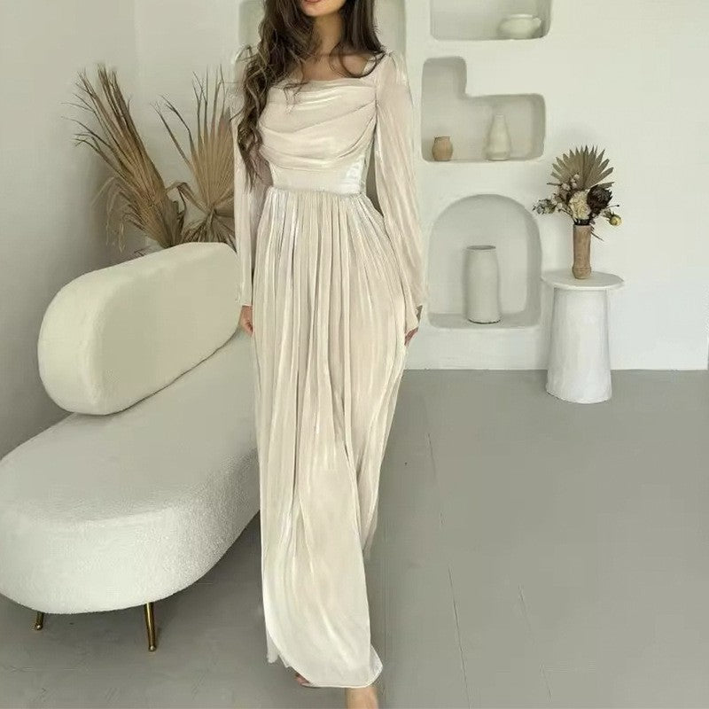 French square neckline pleated high waist skirt