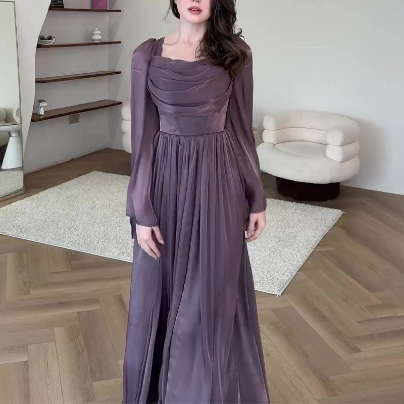 French square neckline pleated high waist skirt