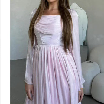 French square neckline pleated high waist skirt