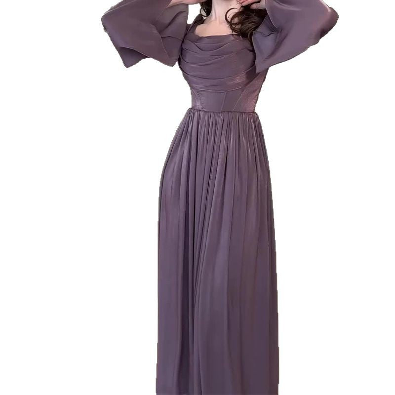French square neckline pleated high waist skirt
