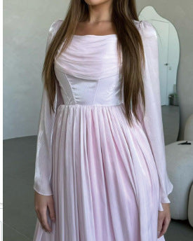 French square neckline pleated high waist skirt