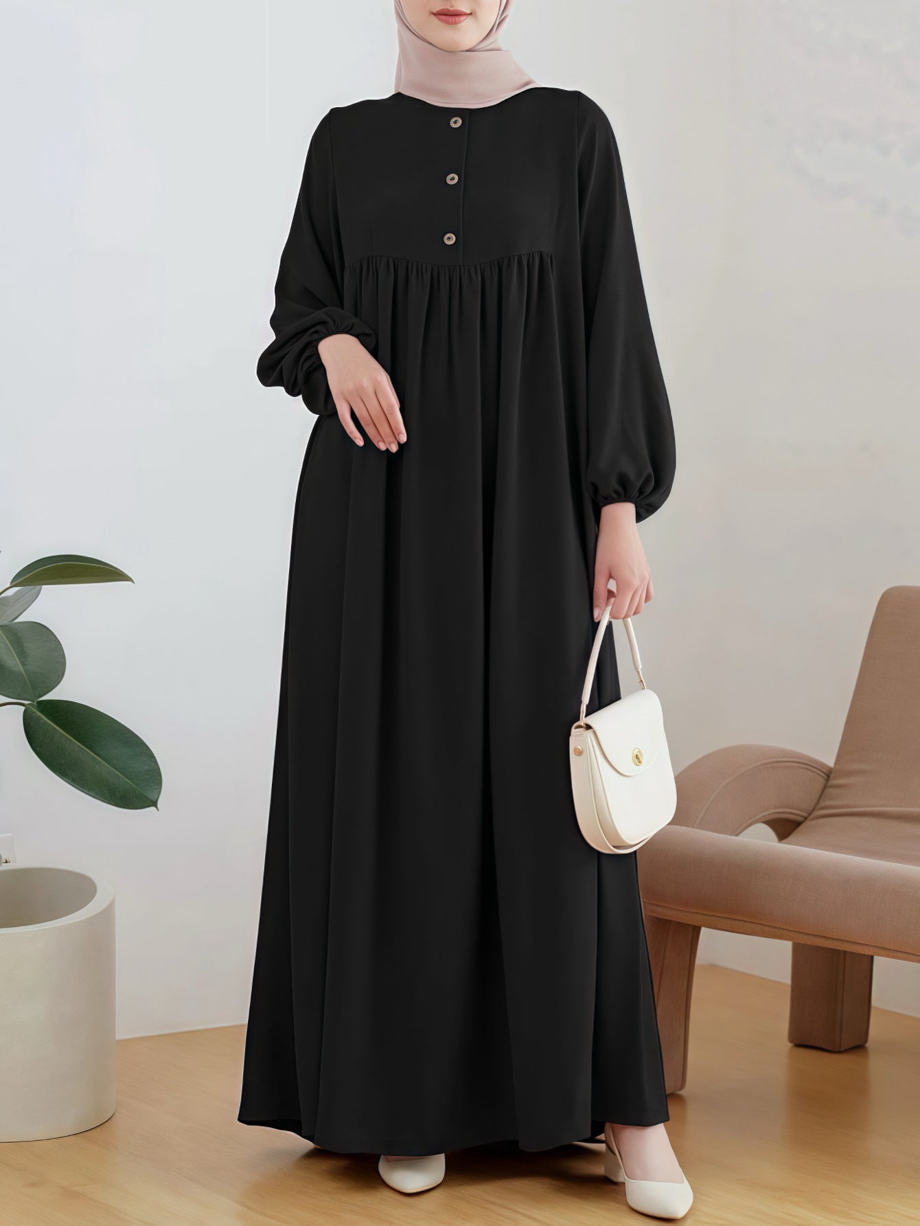 Puffed sleeve simple loose solid color dress