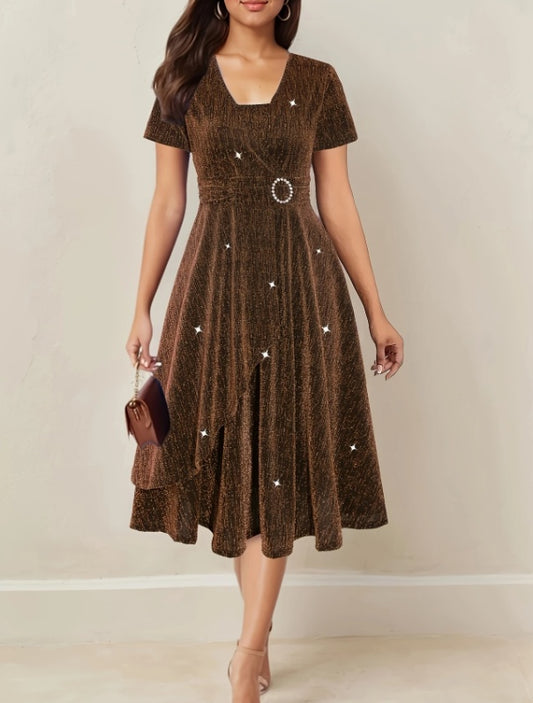 Asymmetrical Hem Short Sleeve V-neck Cross Elegant Solid Color Rhinestone Dress Dark Brown