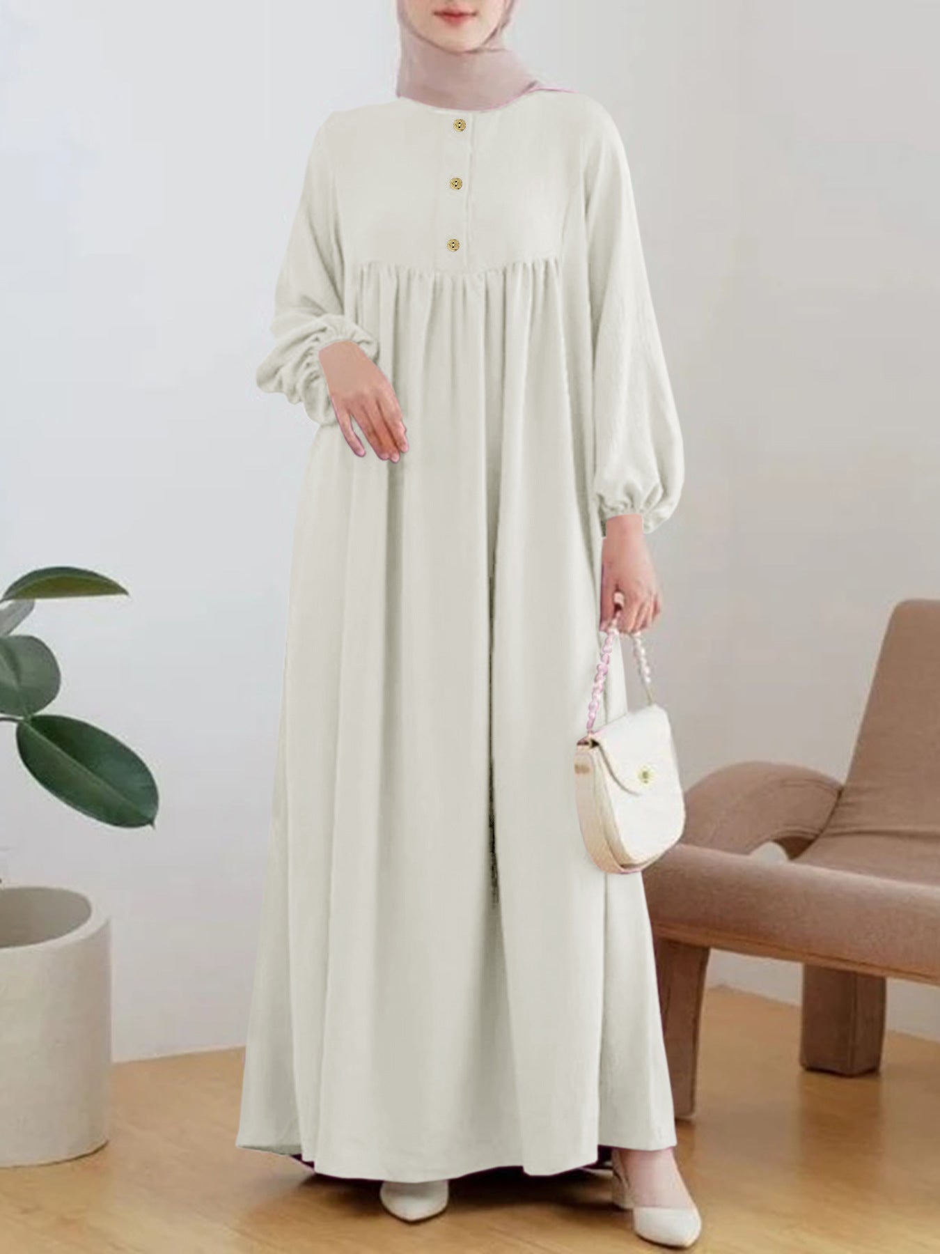 Puffed sleeve simple loose solid color dress