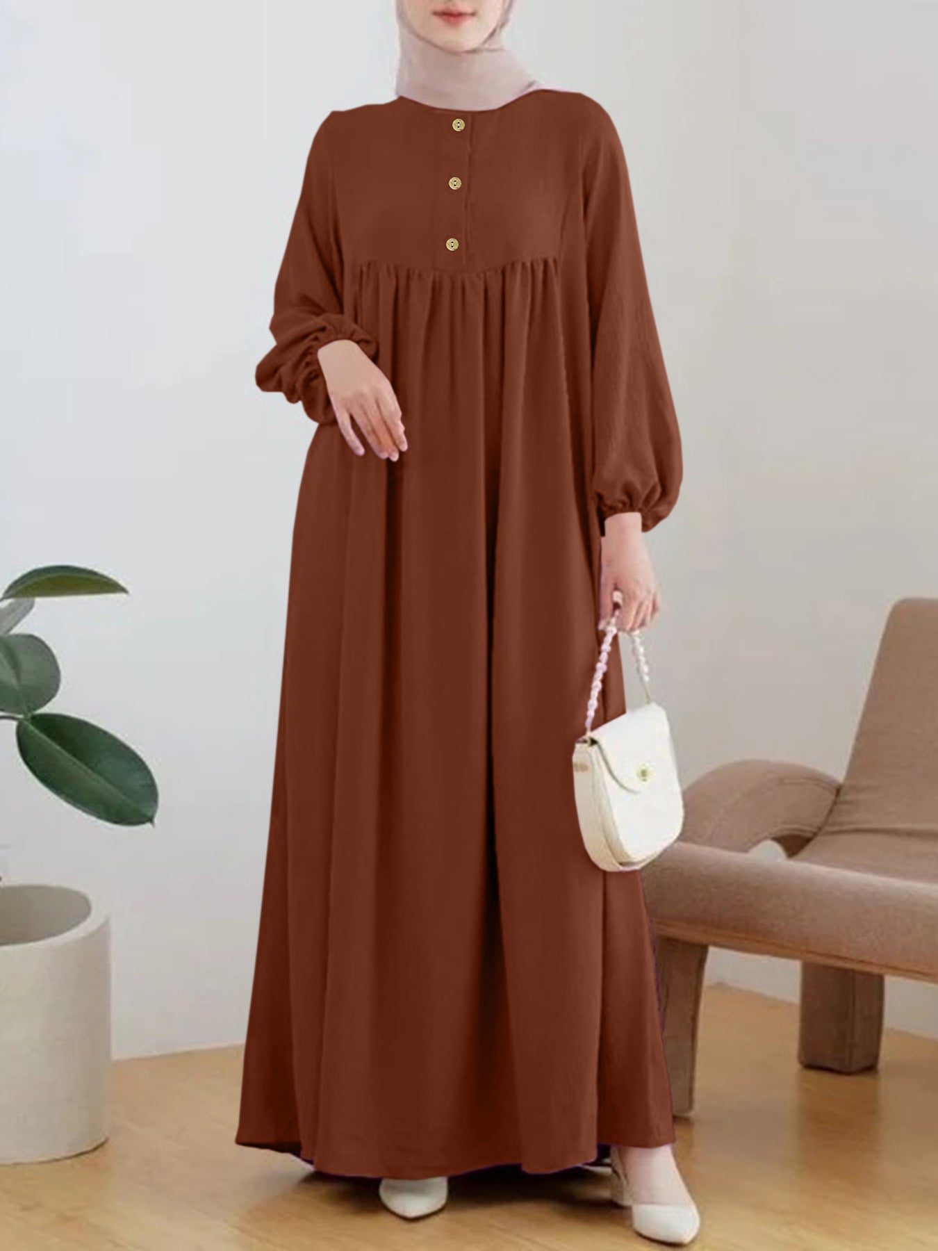 Puffed sleeve simple loose solid color dress