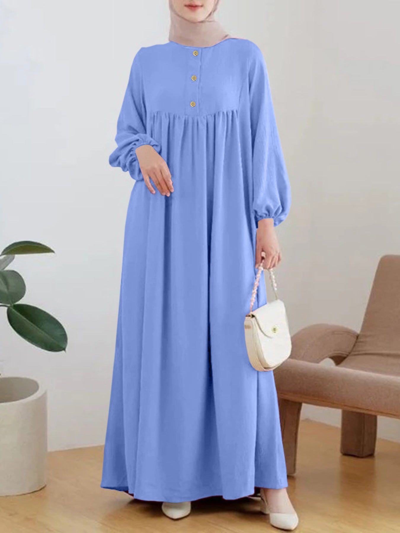 Puffed sleeve simple loose solid color dress