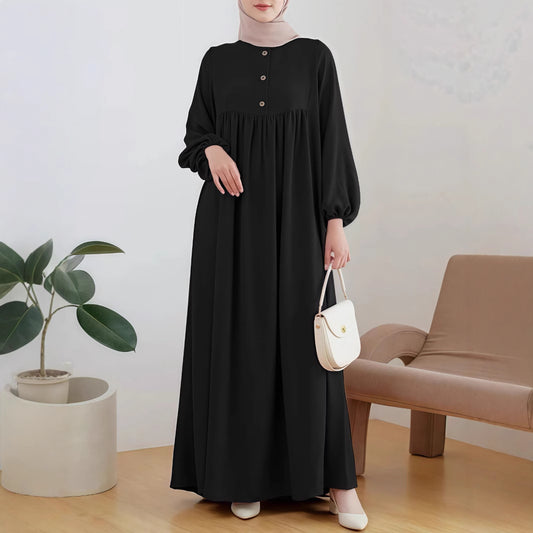 Puffed sleeve simple loose solid color dress