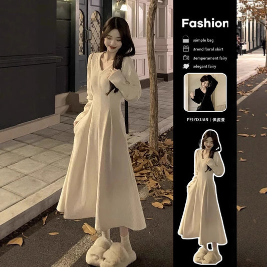 White V-neck Inner Wear Base Knitted Dress Sweater Women's