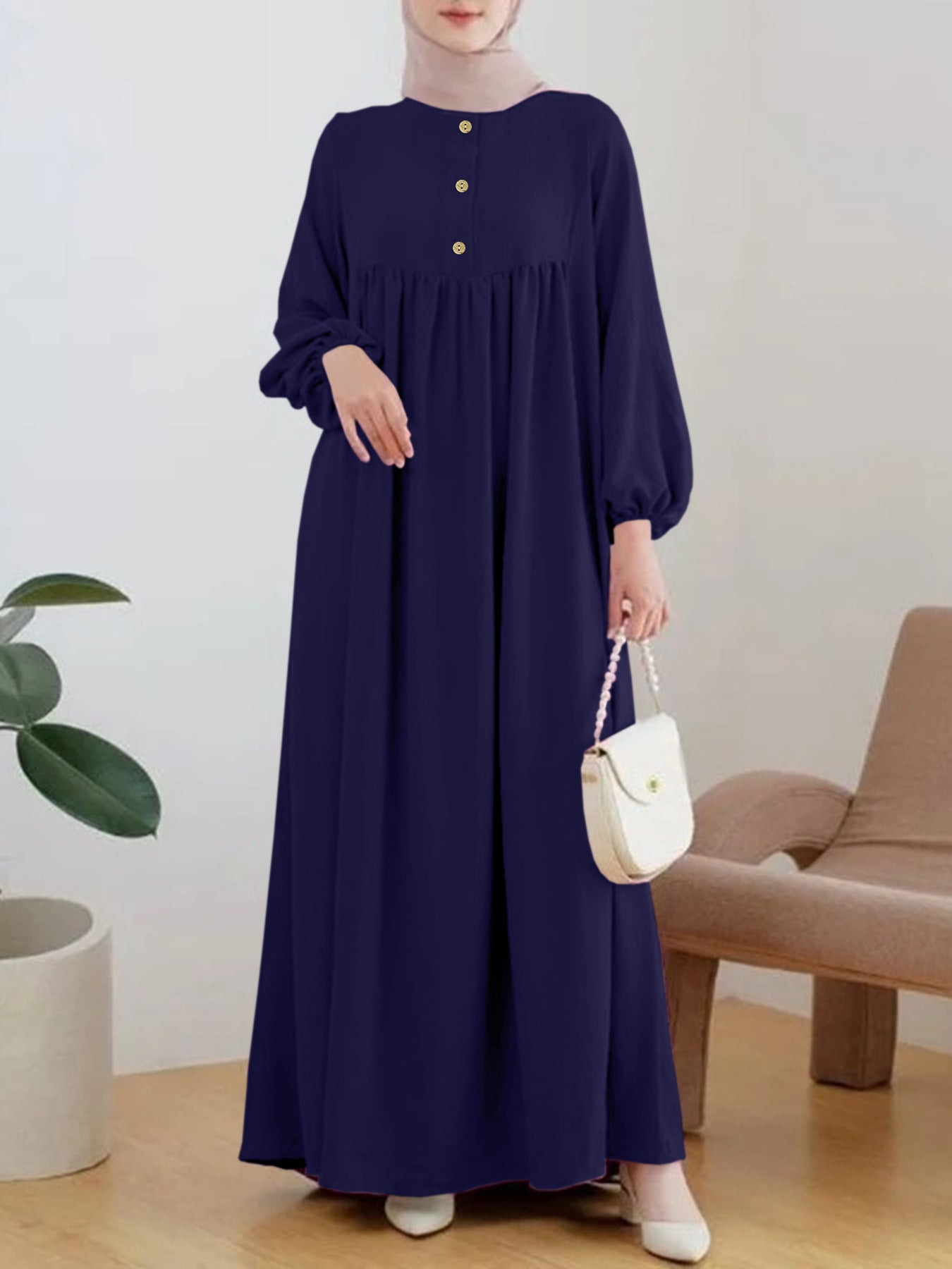 Puffed sleeve simple loose solid color dress