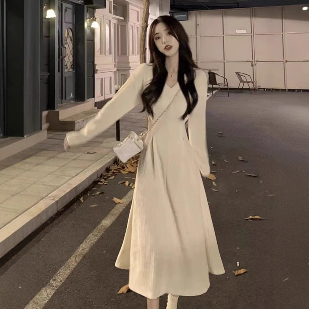 White V-neck Inner Wear Base Knitted Dress Sweater Women's