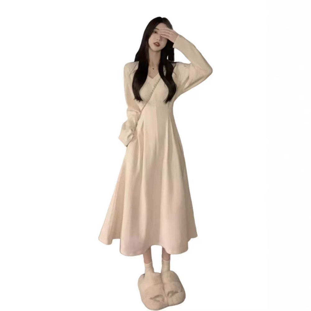 White V-neck Inner Wear Base Knitted Dress Sweater Women's